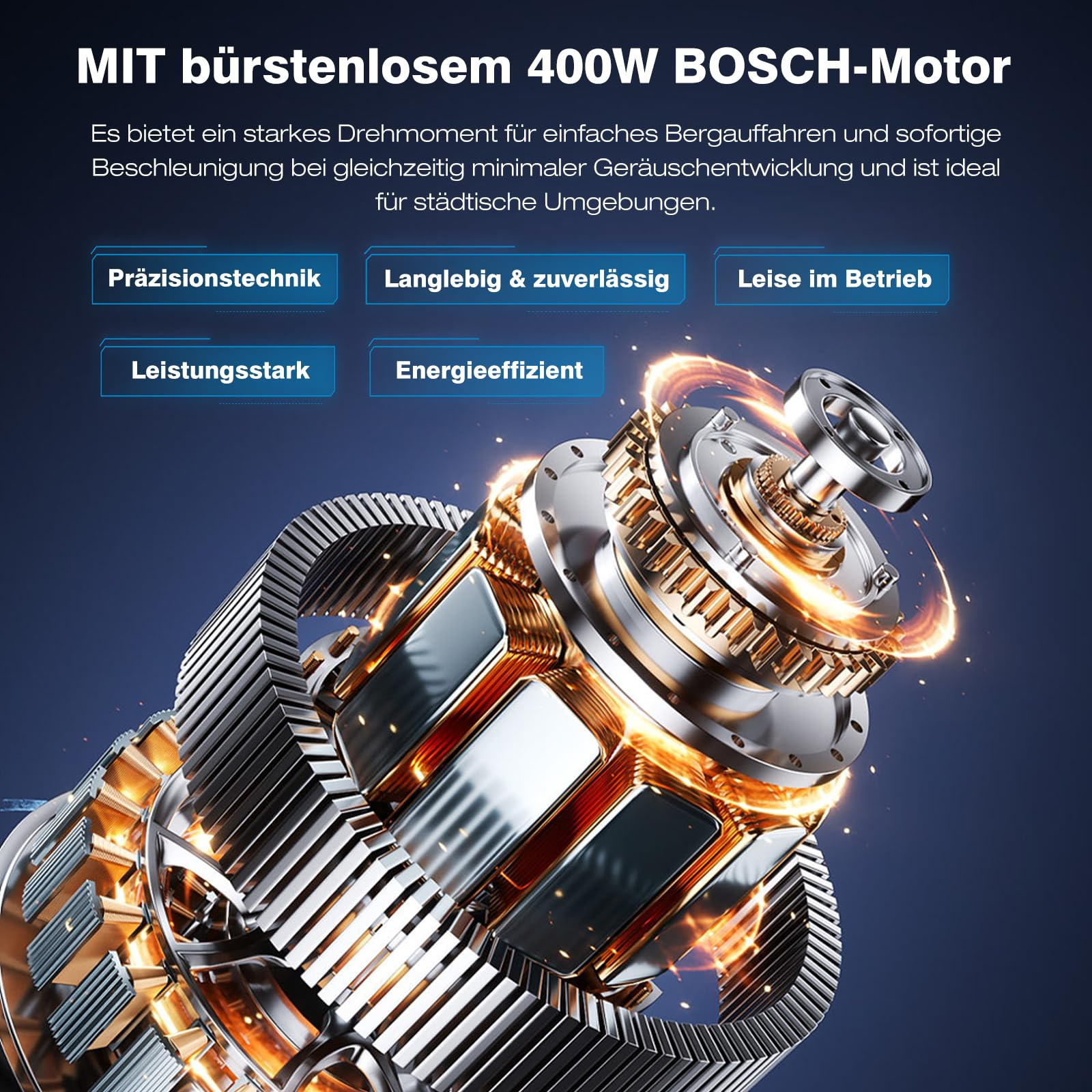 Nahaufnahme des Motors mit Zahnrädern, Kupferwicklungen und Text über Leistung und Effizienz auf blauem Grund.