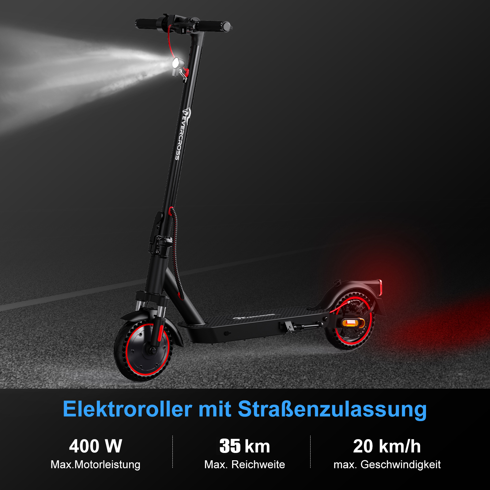 Schwarzer Elektroroller mit roten Akzenten und hellem Licht auf dunklem Hintergrund. Informationen zu Reichweite und Geschwindigkeit.