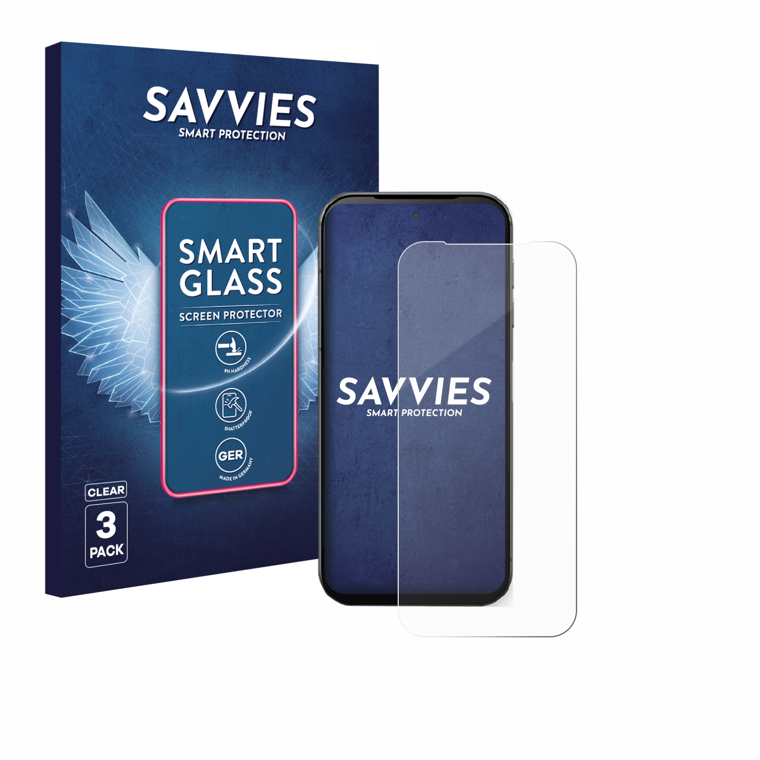 Eine Verpackung für einen Bildschirmschutz mit einem Telefon und einem Displayschutz. Auf der Verpackung steht 'SAVVIES SMART GLASS SCREEN PROTECTOR'.