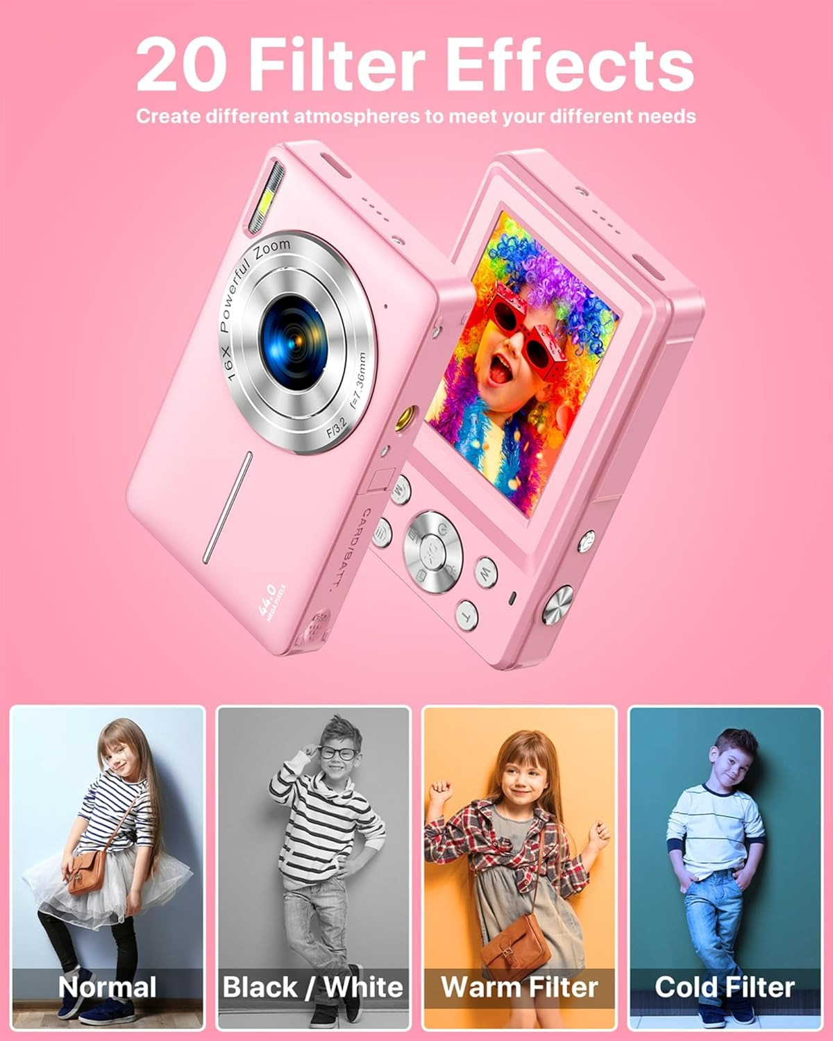 Rosa Digitalkamera mit Kinderfoto auf dem Bildschirm, darunter Kinder mit verschiedenen Filtereffekten: normal, Schwarz/Weiß, warm und kalt.