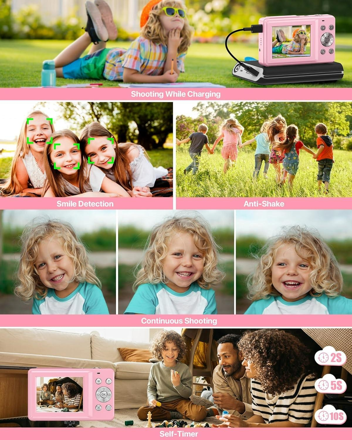 Eine rosa Kamera wird aufgeladen, ein Mädchen liegt auf dem Gras. Kinder spielen, andere lächeln. Funktionen: Gesichtserkennung, Selbstauslöser.