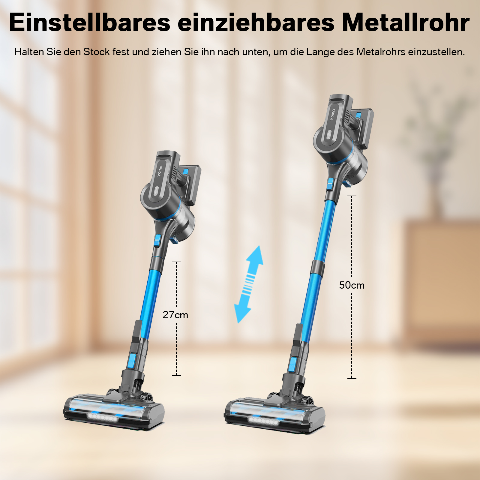 Zwei blaue und graue kabellose Staubsauger. Einer ist auf 27 cm, der andere auf 50 cm ausgefahren.