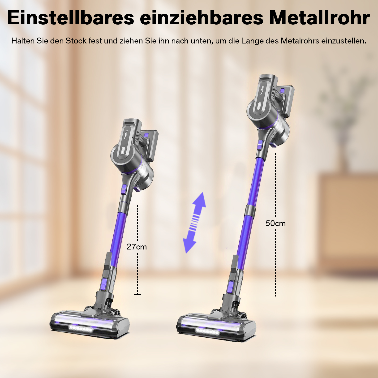 Das Bild zeigt zwei verstellbare Staubsauger. Einer ist 27 cm, der andere 50 cm, mit einem blauen Pfeil zur Anpassung.