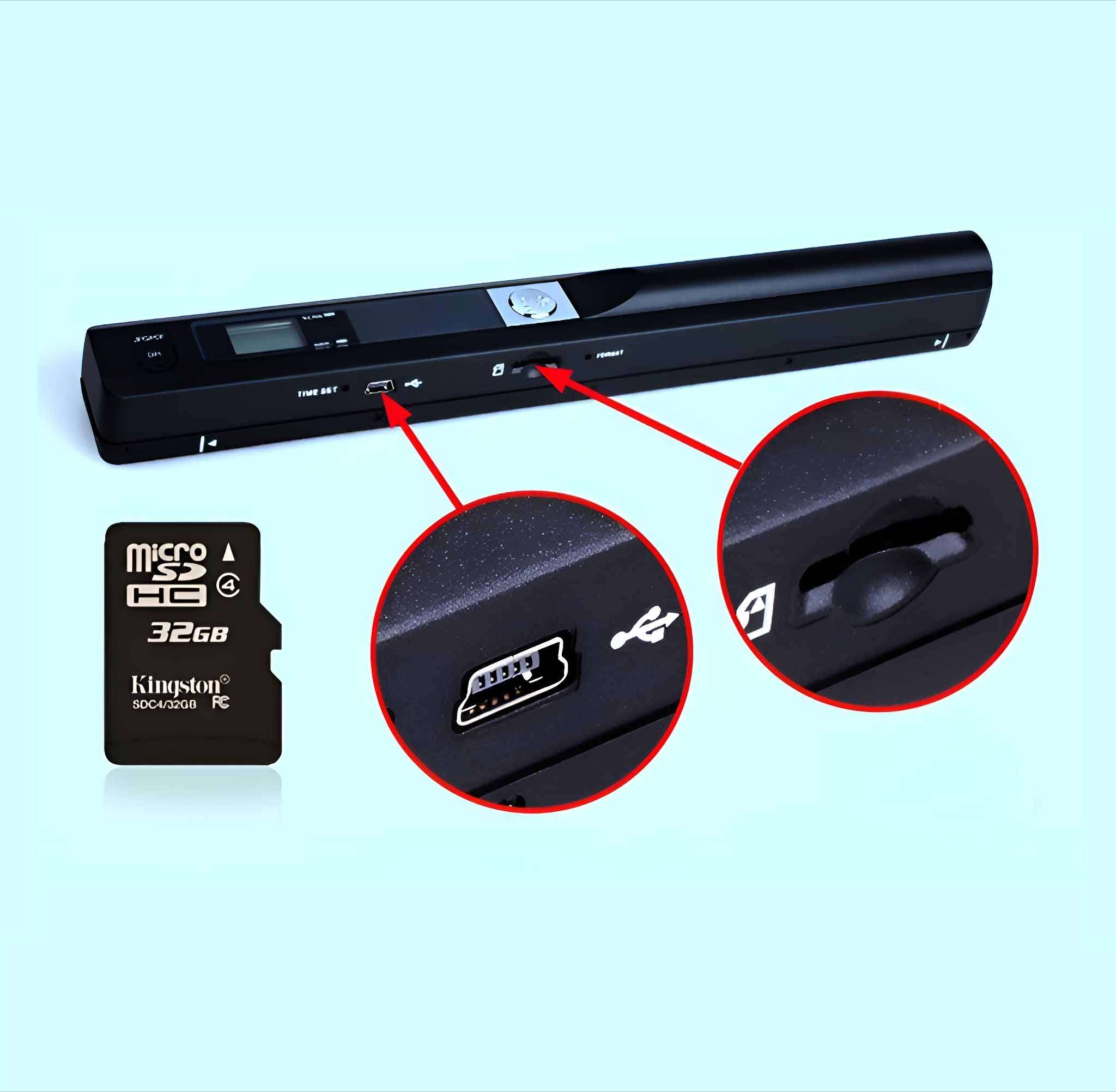 Ein schwarzer Scanner, eine Kingston 32GB Micro SD-Karte und Nahaufnahmen von Anschlüssen vor hellblauem Hintergrund.