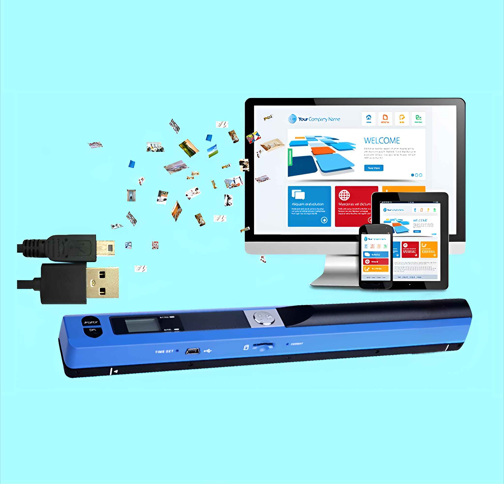 Ein Scanner, ein Computermonitor, ein Tablet und ein Smartphone befinden sich auf blauem Hintergrund. Fotos schweben in der Luft.
