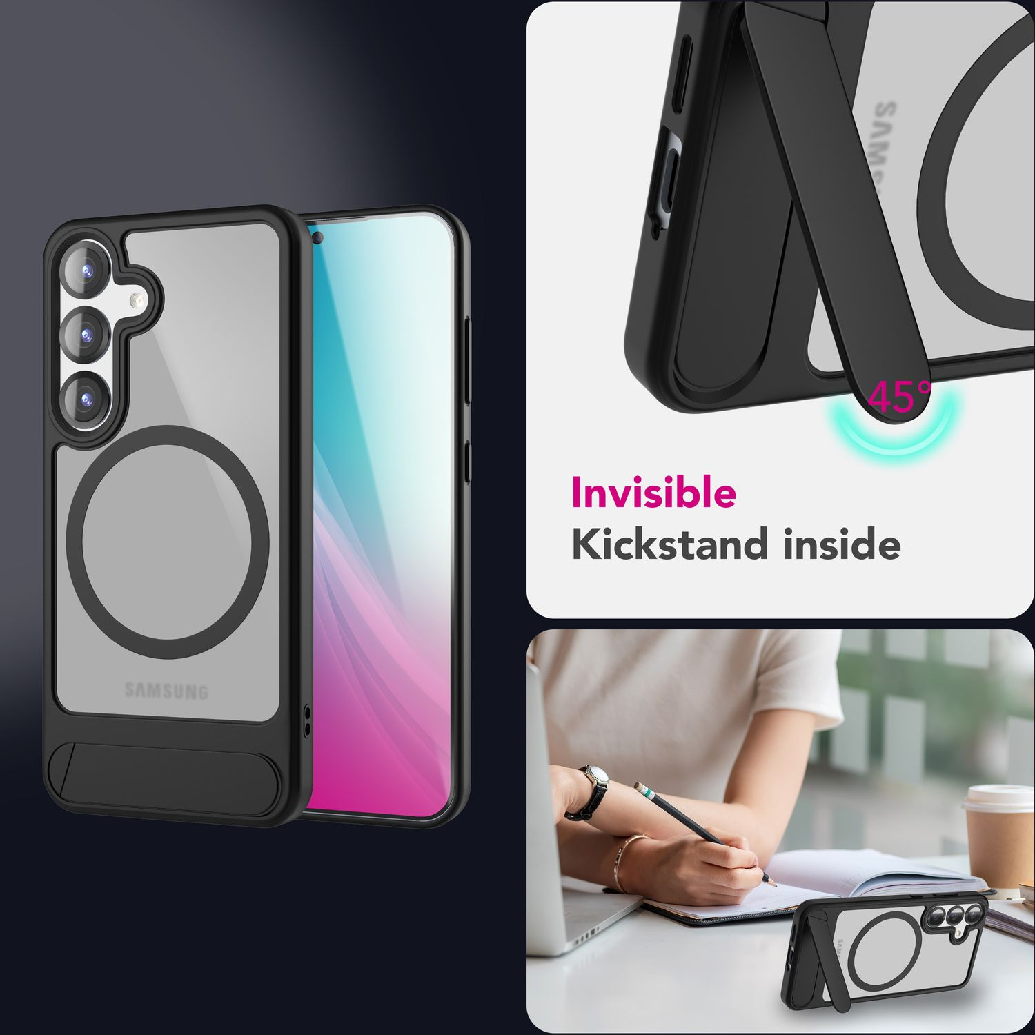 Handyhülle mit Ständer. Zeigt ein Telefon, einen Ständer und eine schreibende Person. Texte: Invisible Kickstand inside, 45 degrees.