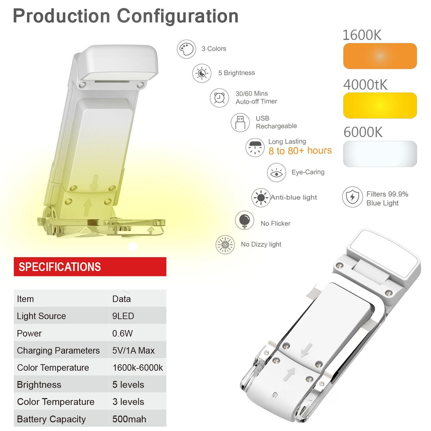 Eine weiße LED-Lampe mit einstellbarer Helligkeit und Farbtemperatureinstellungen. Das Bild zeigt auch Produktspezifikationen.