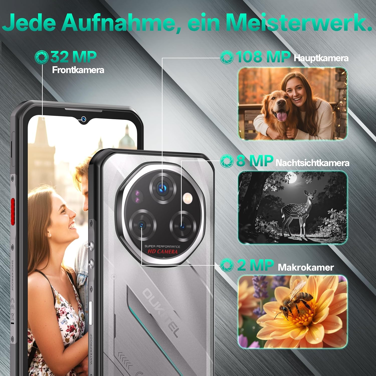 Ein Smartphone mit mehreren Kamerafunktionen wird gezeigt. Es zeigt Beispielbilder und Spezifikationen wie 32MP Frontkamera und 108MP Hauptkamera.