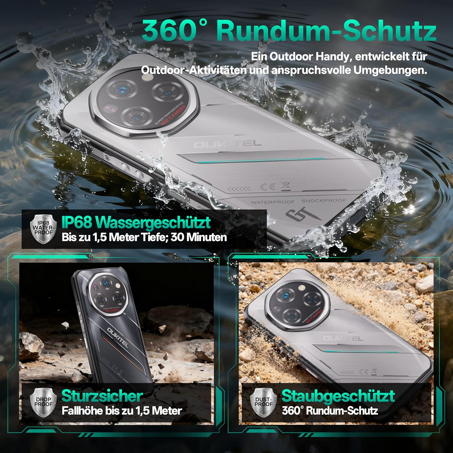 Robustes Smartphone im Wasser, mit Spritzeffekten. Eigenschaften: wasserdicht, stoßfest, staubdicht und sturzsicher. Enthält Text auf Deutsch.