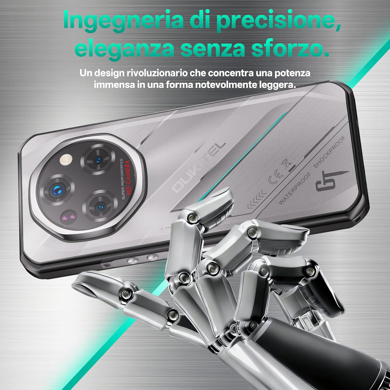 Ein Smartphone mit mehreren Kameras wird von einem Roboterarm vor grauem Hintergrund gehalten. Text auf Italienisch.