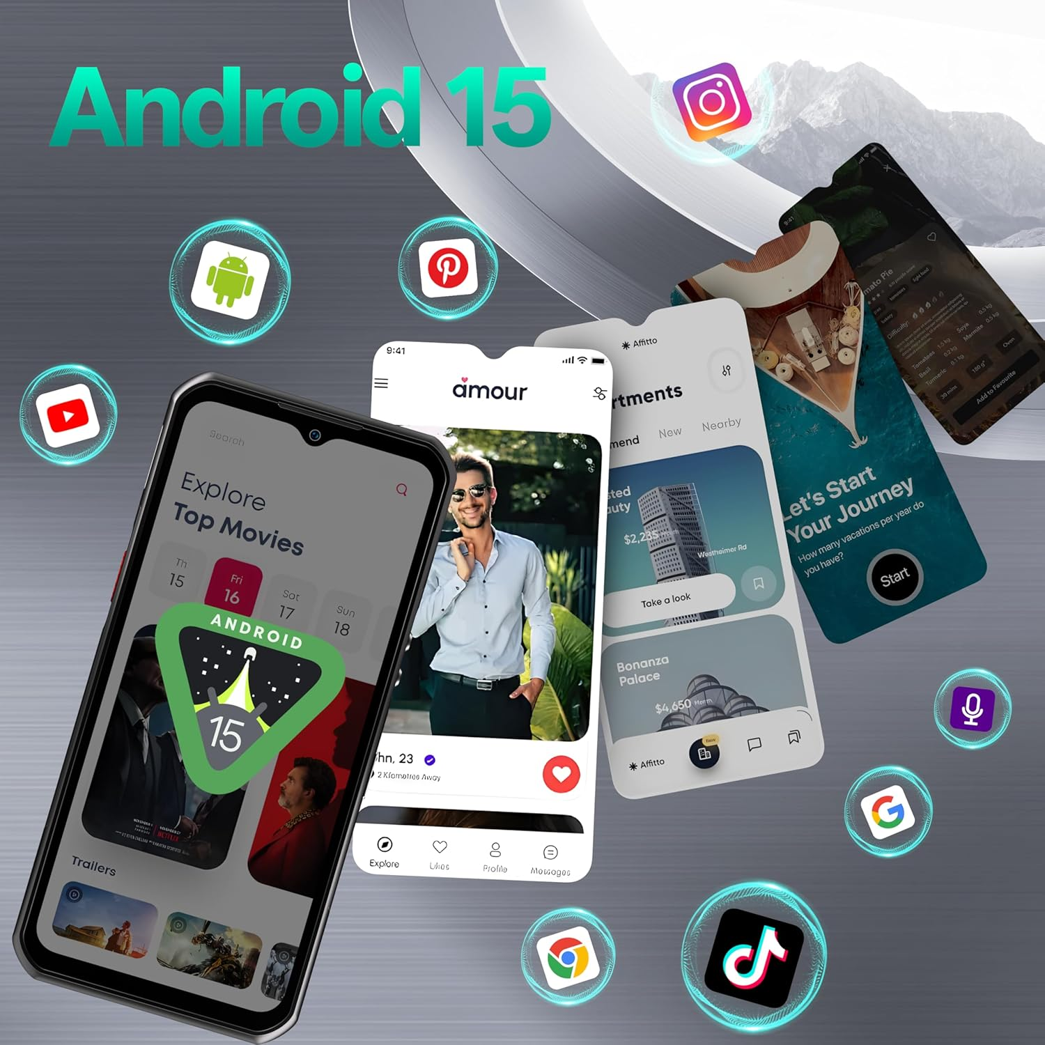 Smartphone mit Apps, Android 15 Logo, App-Icons und Berg im Hintergrund.