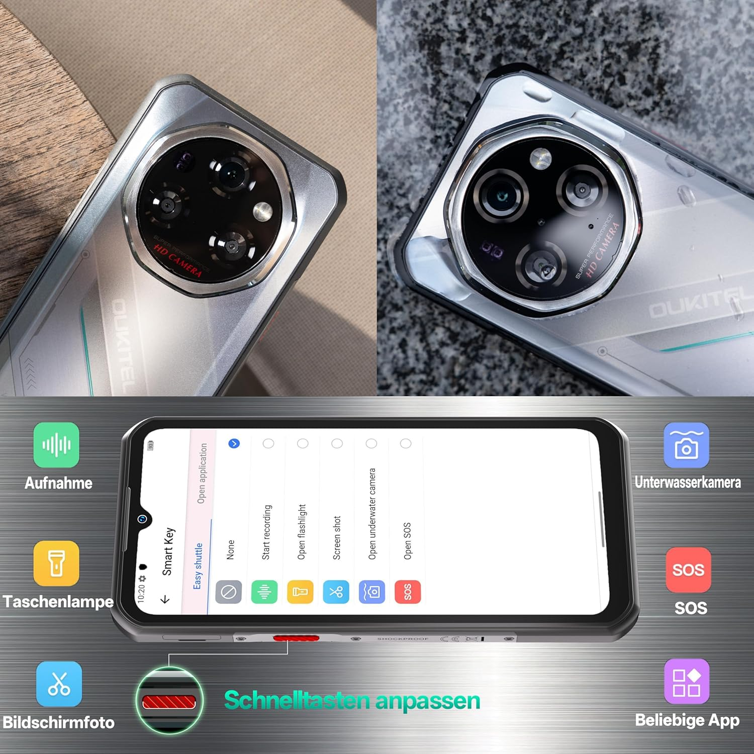 Ein Smartphone mit Dreifachkamera wird angezeigt. Der Bildschirm zeigt Einstellungen. Symbole für Kamera, Taschenlampe, Screenshot, SOS und Apps sind sichtbar.