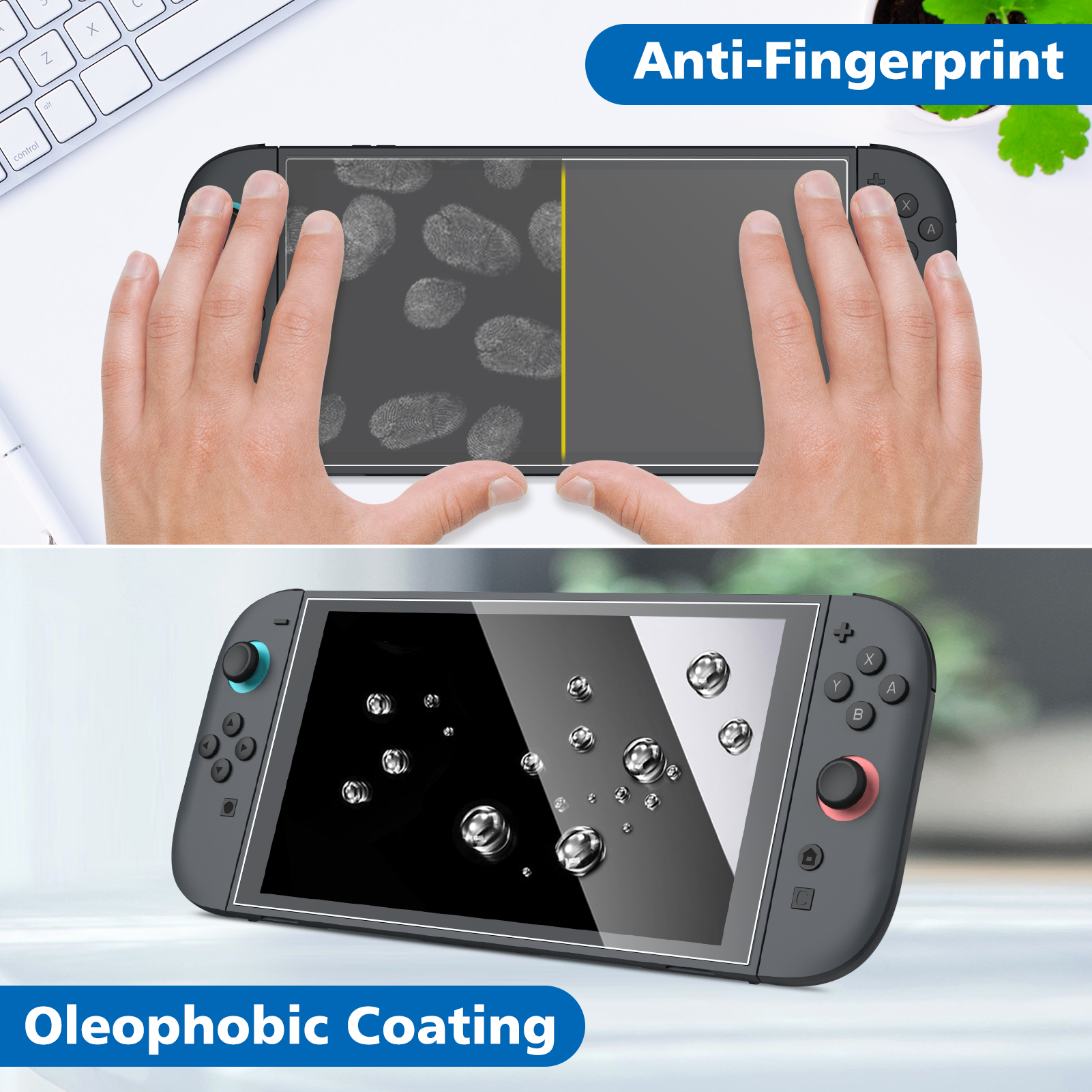 Ein Switch-Displayschutz zeigt Fingerabdruckresistenz und oleophobe Eigenschaften. Hände berühren den Bildschirm. Wassertropfen sichtbar.