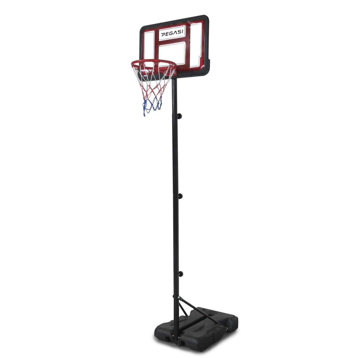 A basketball hoop stands on a white background. It has a black pole, a red and black backboard, and a net with red, white, and blue.