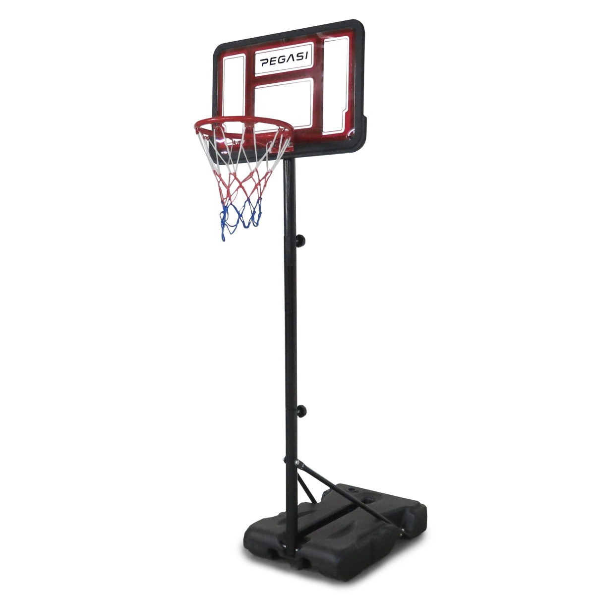 A basketball hoop stands on a white background. It has a red rim, white net, and black pole and base. The backboard is red and black.
