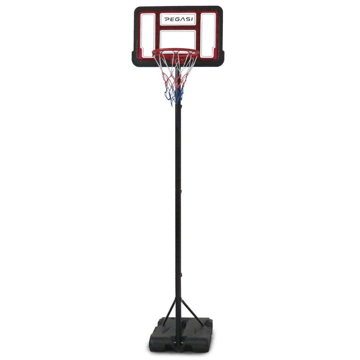 A basketball hoop stands upright. It has a red and black backboard, a white net, and a black pole on a black base.