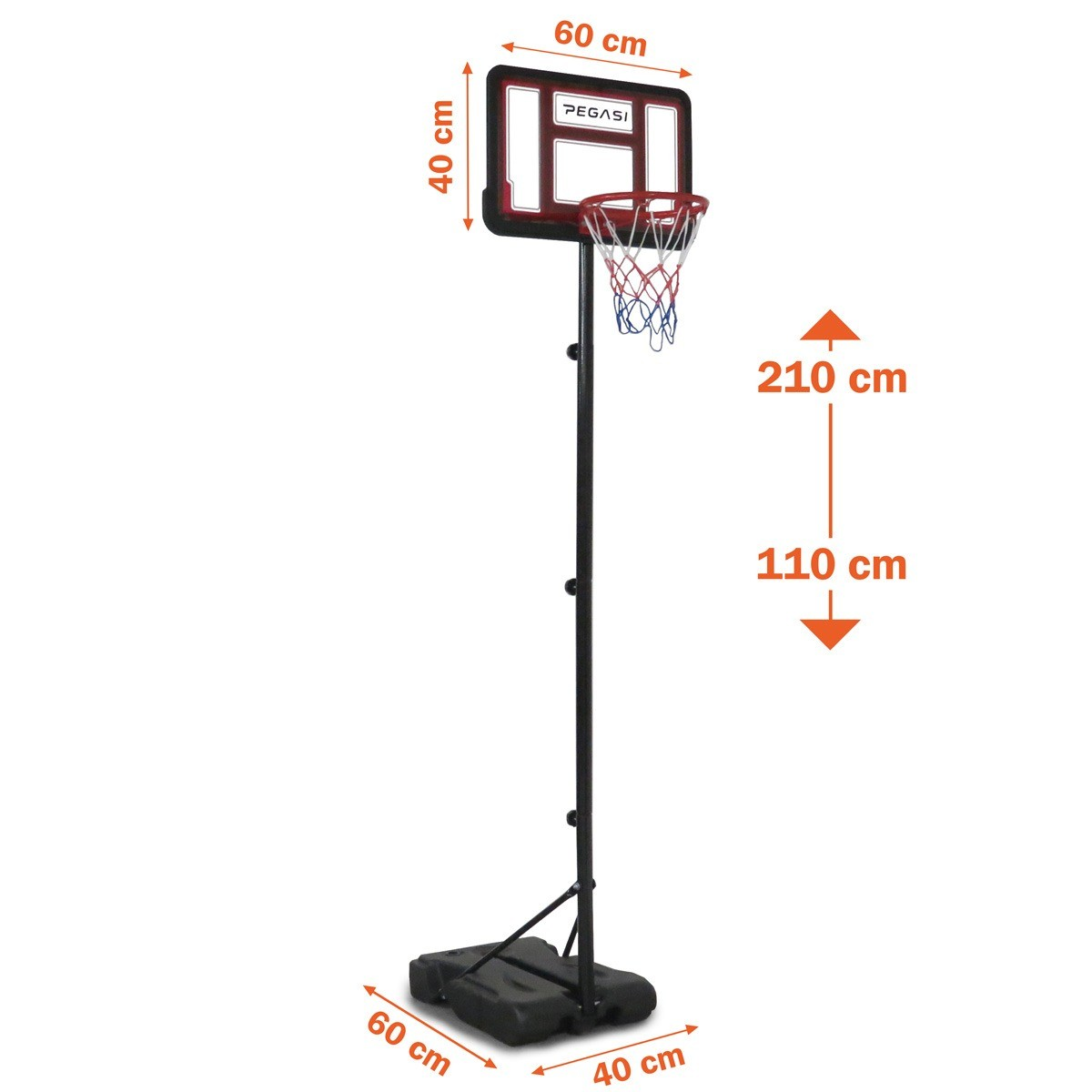 A basketball hoop stands on a white background. It has a black pole, a red and black backboard, and a net. Measurements are provided.