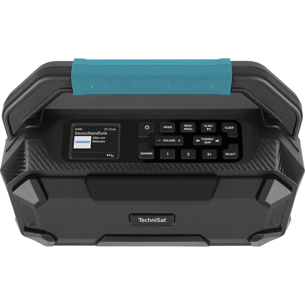 Una radio TechniSat nera e grigia con manico blu. Ha un display che mostra le informazioni radio e diversi pulsanti.
