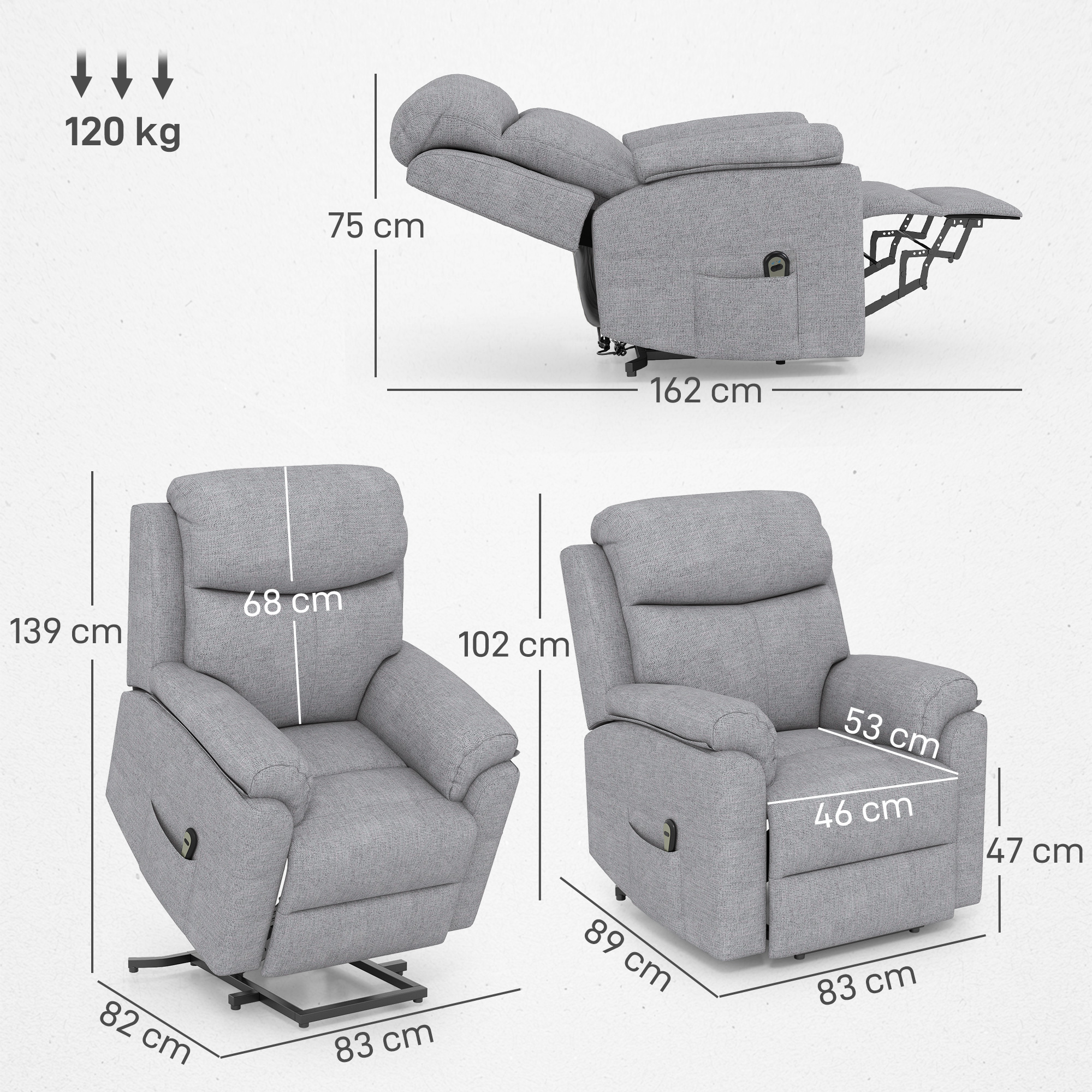 Tre poltrone reclinabili grigie con etichette delle dimensioni. Una è reclinata. Capacità di peso 120 kg.