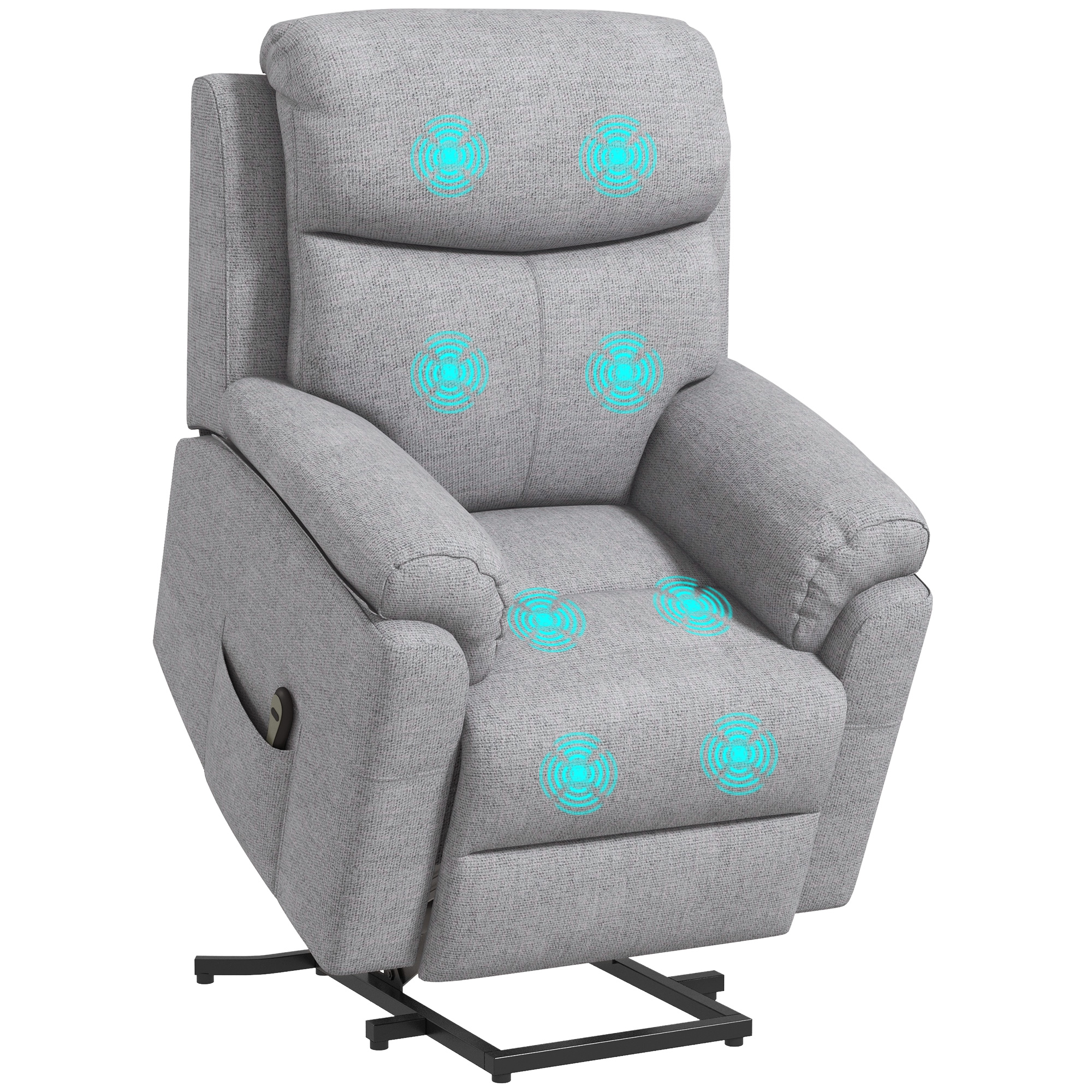 Una poltrona reclinabile grigia con punti massaggio luminosi. Ha una tasca laterale e una base in metallo nero.