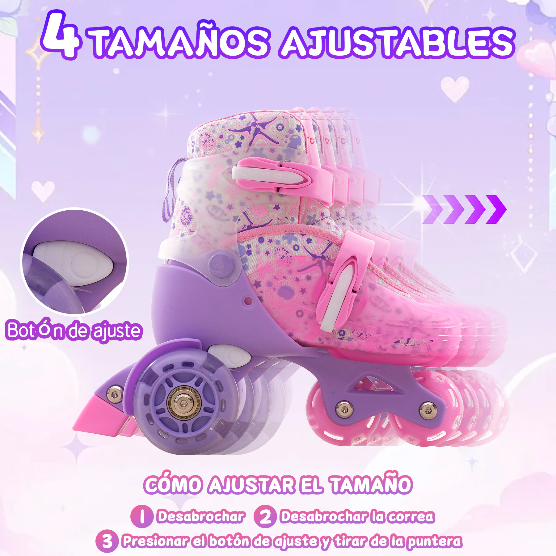 Patines ajustables rosas y morados. Las instrucciones muestran cómo ajustar el tamaño.