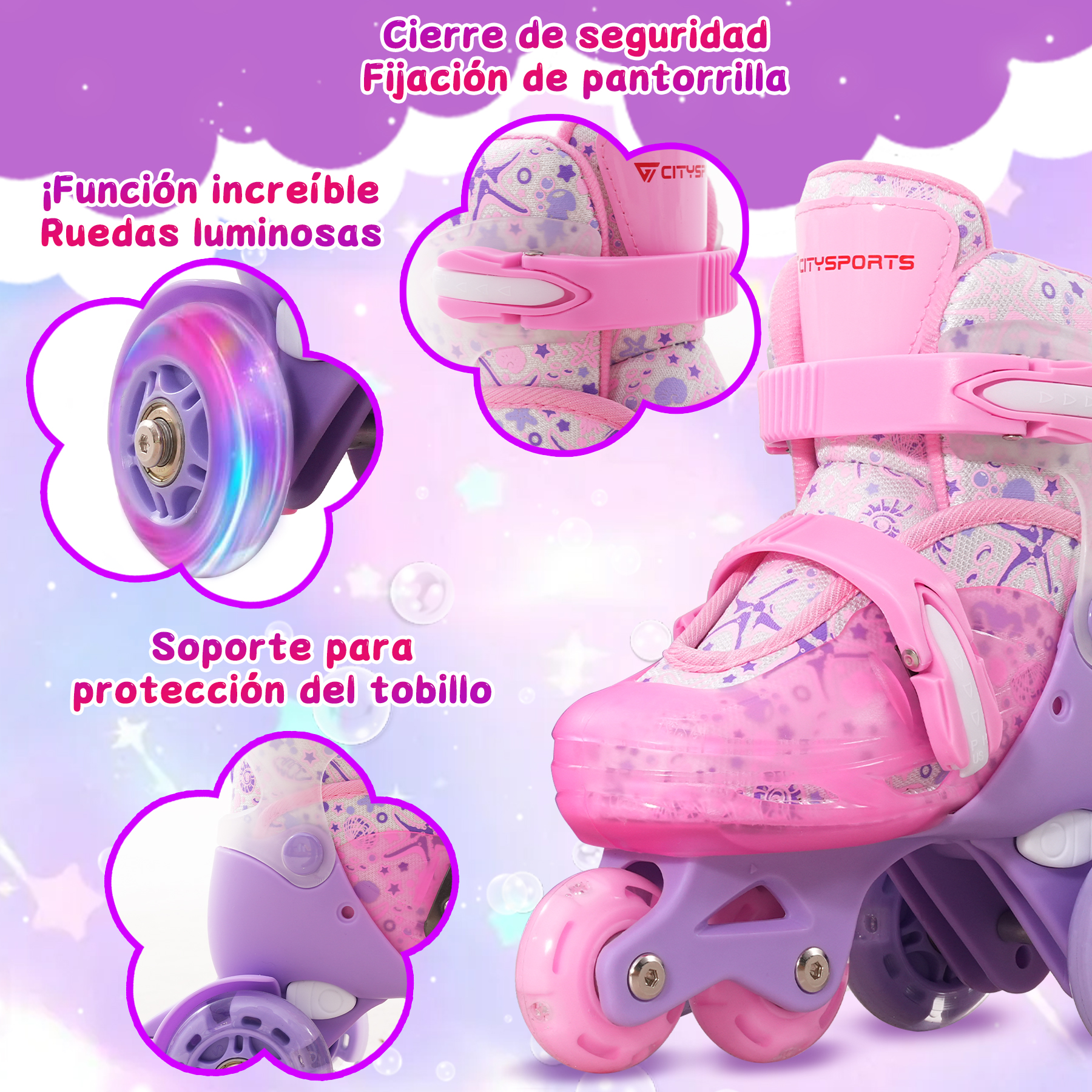 Patines rosas y morados con ruedas luminosas. Incluye soporte para el tobillo, fijación de pantorrilla y cierre de seguridad.