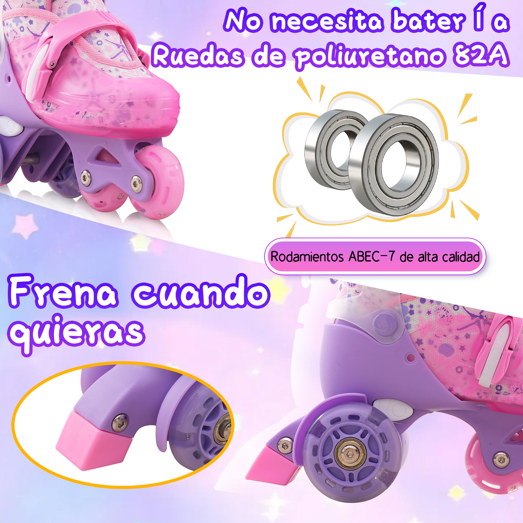 Patines rosas y morados con superposición de texto. Incluye ruedas, rodamientos y detalles del freno.