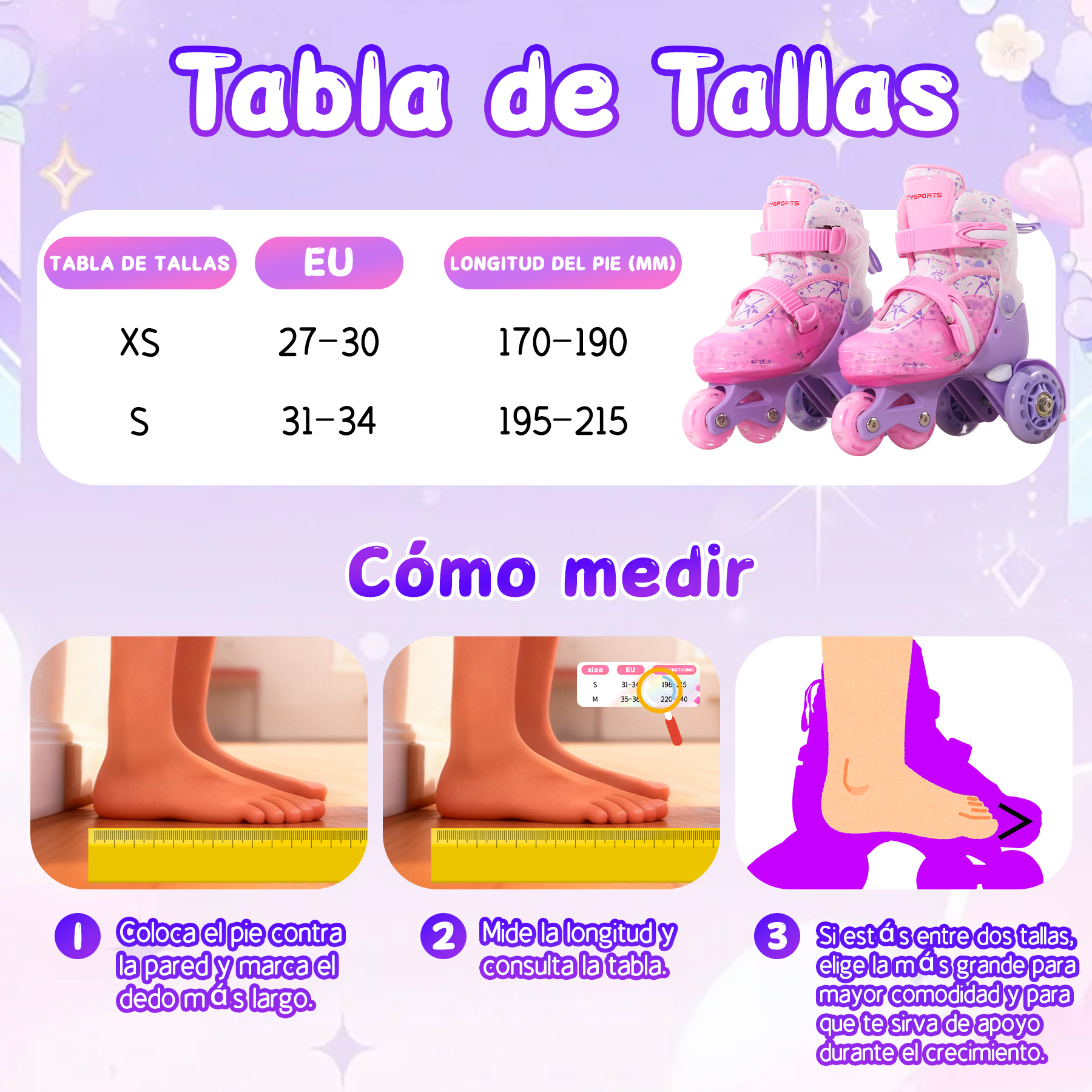 La imagen muestra una tabla de tallas de zapatos, patines rosas e instrucciones sobre cómo medir los pies.