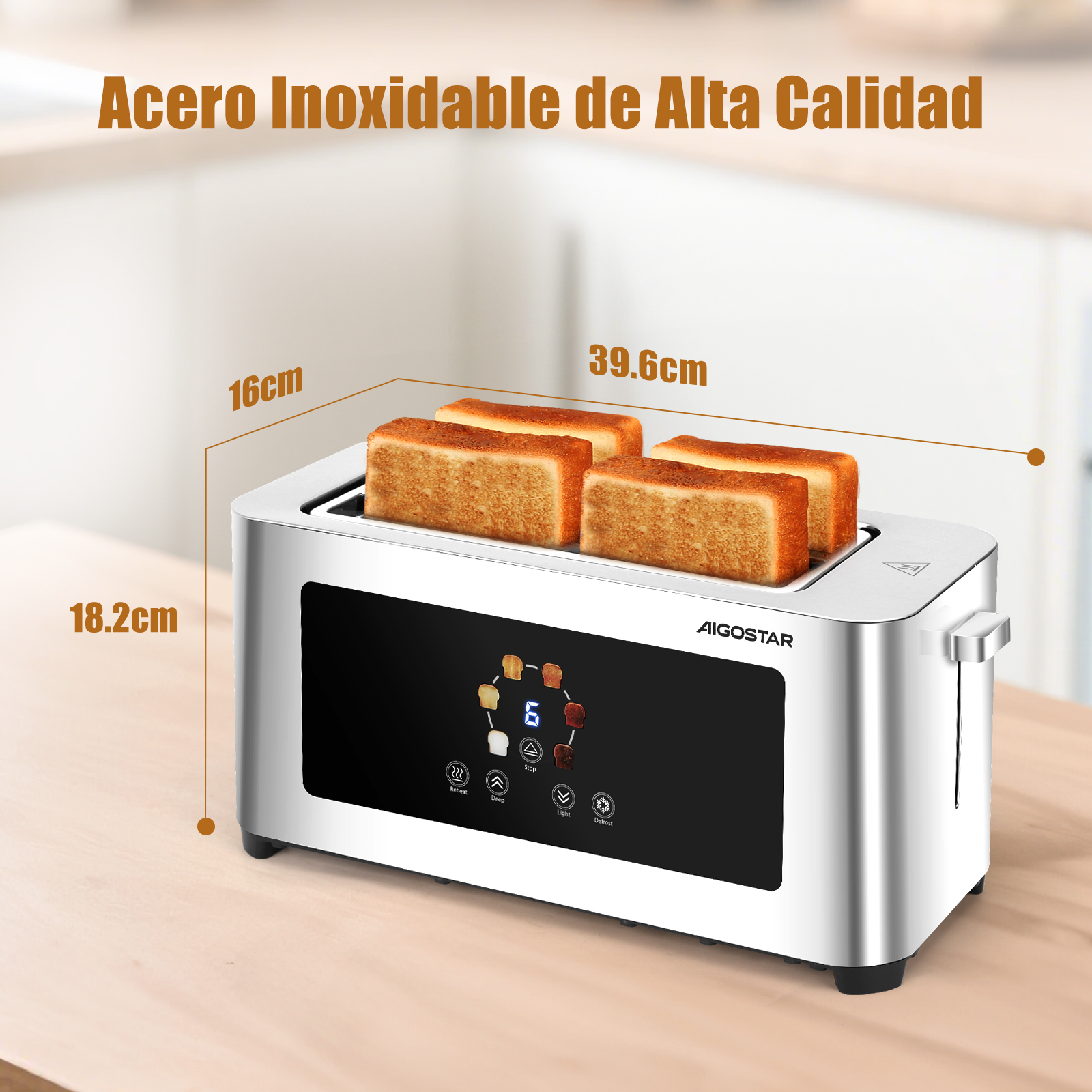 Ein Edelstahl-AIGOSTAR-Toaster mit vier Toastscheiben. Der Toaster hat ein digitales Display und Bedientasten.