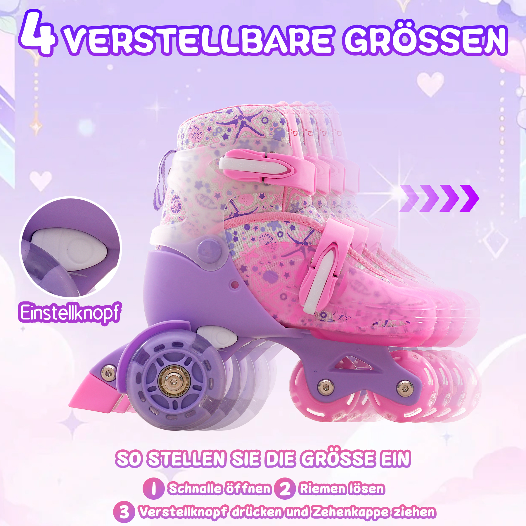 Pinke und lila Rollschuhe mit verstellbaren Größen. Anleitung: Schnalle öffnen, Riemen lösen, Knopf drücken und Zehenkappe ziehen.