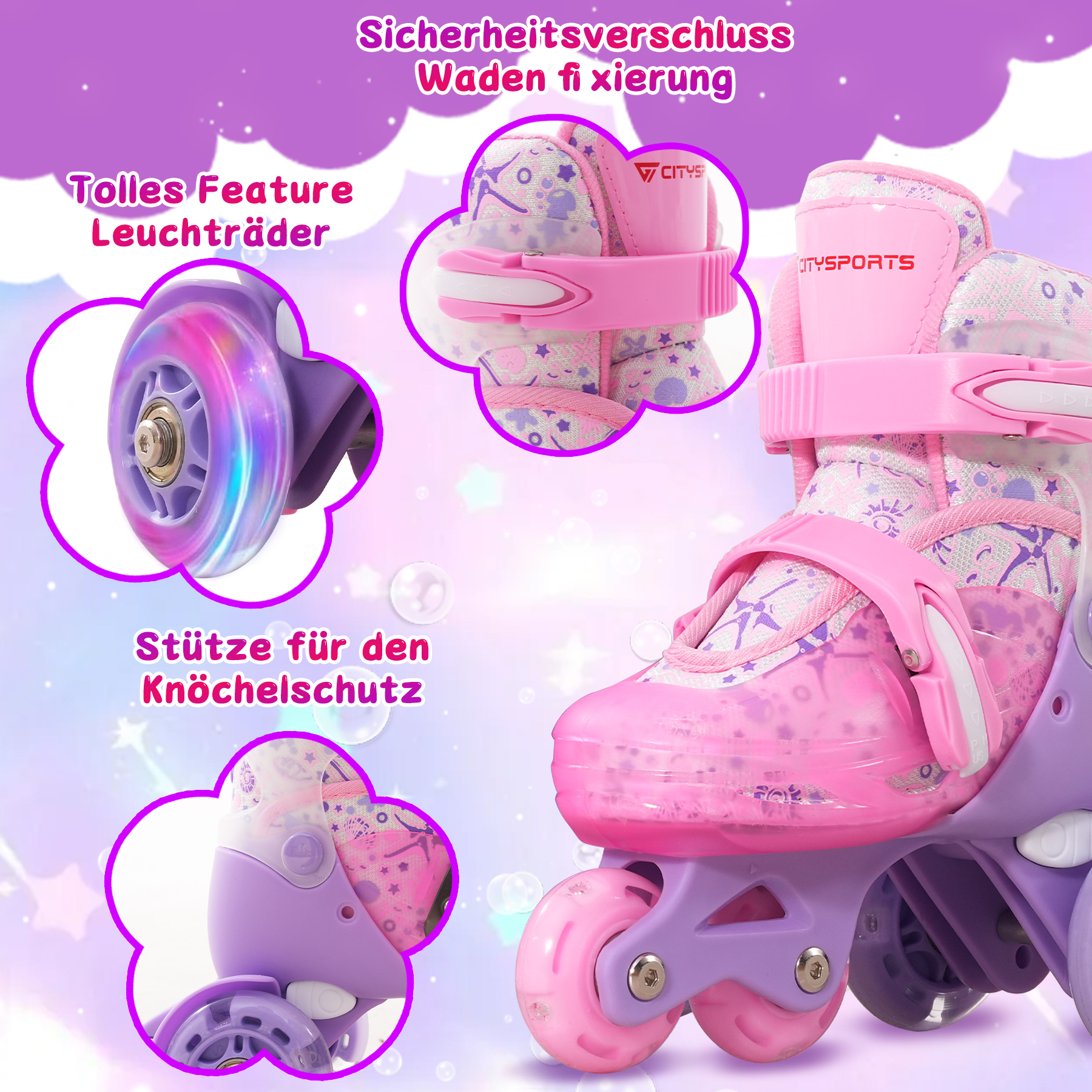Pinke und lila Rollschuhe mit leuchtenden Rädern. Merkmale sind Knöchelunterstützung und Sicherheitsgurte. Der Hintergrund ist verschwommen.