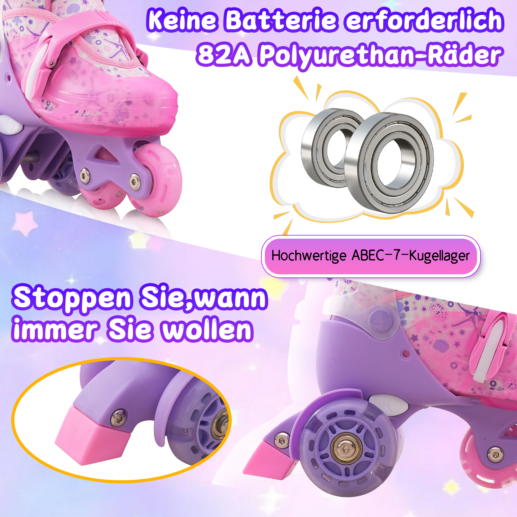 Pinke und lila Rollschuhe mit deutschem Text. Merkmale sind Räder, Lager und Stoppmechanismen.