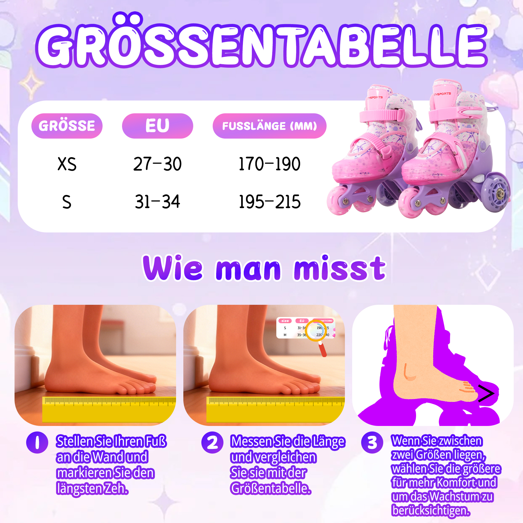 Rosa Rollschuhe und Größentabelle. Zeigt Fußmessschritte. Tabelle zeigt Größen XS und S sowie EU und Fußlänge.