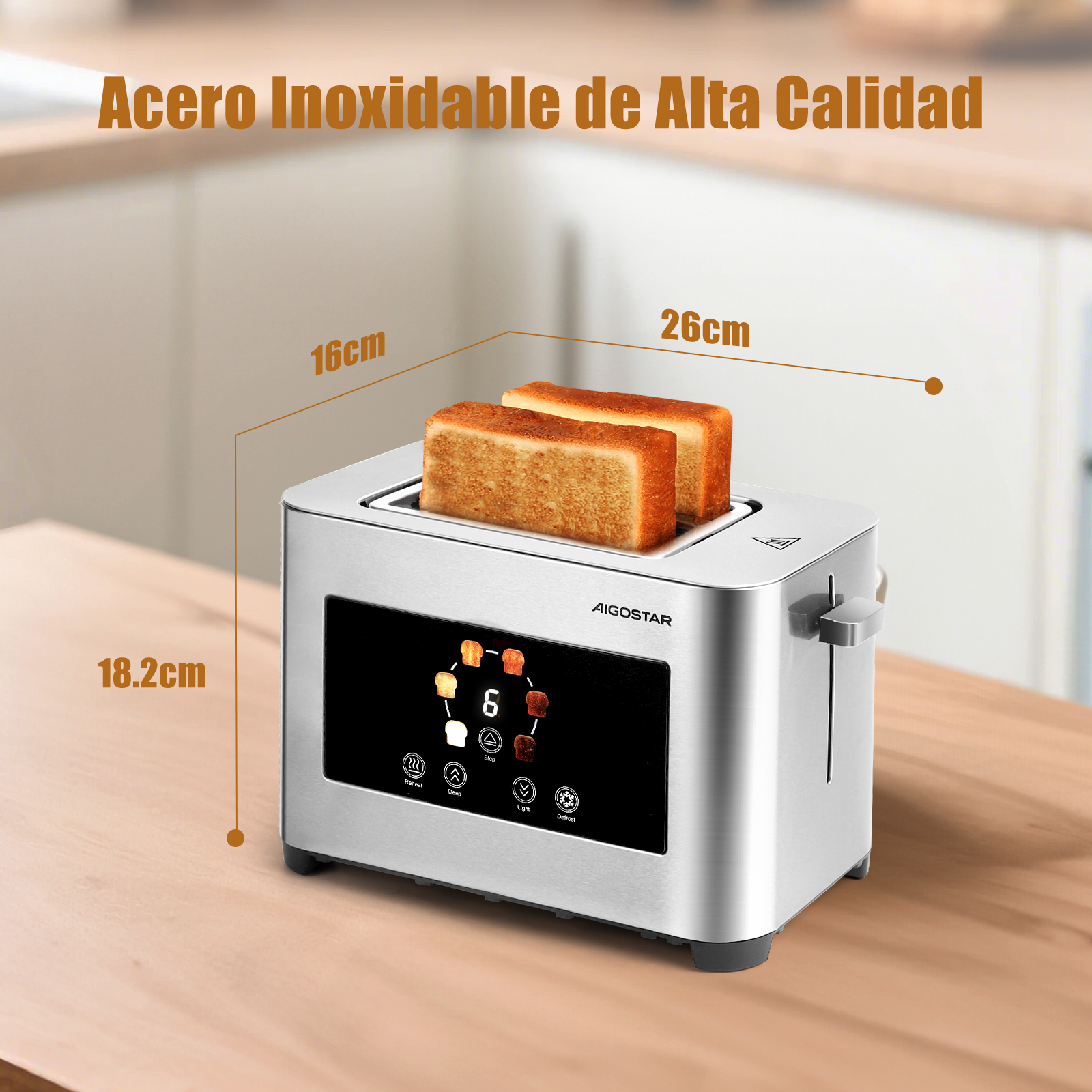 Ein Toaster aus Edelstahl mit zwei Toastscheiben. Er hat ein digitales Display und steht auf einer Holzoberfläche.