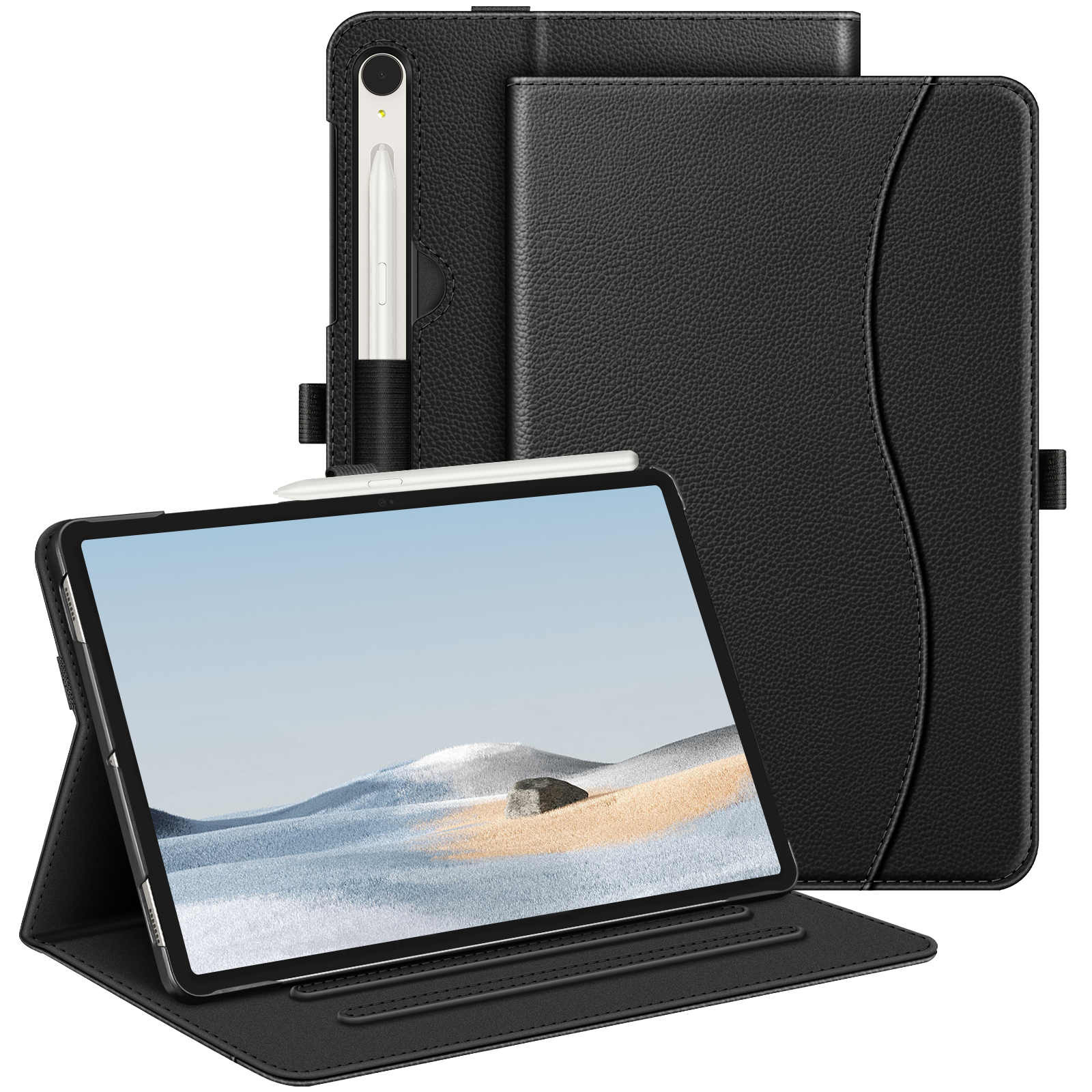 Schwarzes Tablet und Hülle. Tablet zeigt eine Landschaft. Ein Stift befindet sich in der Hülle.