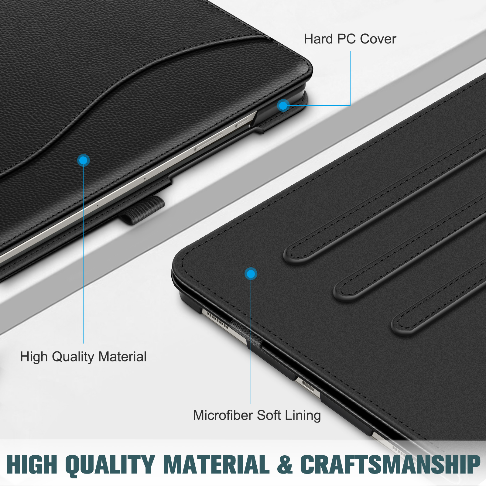 Schwarze Tablethülle mit den Labels 'High Quality Material' und 'Microfiber Soft Lining'. PC-Hülle gezeigt.