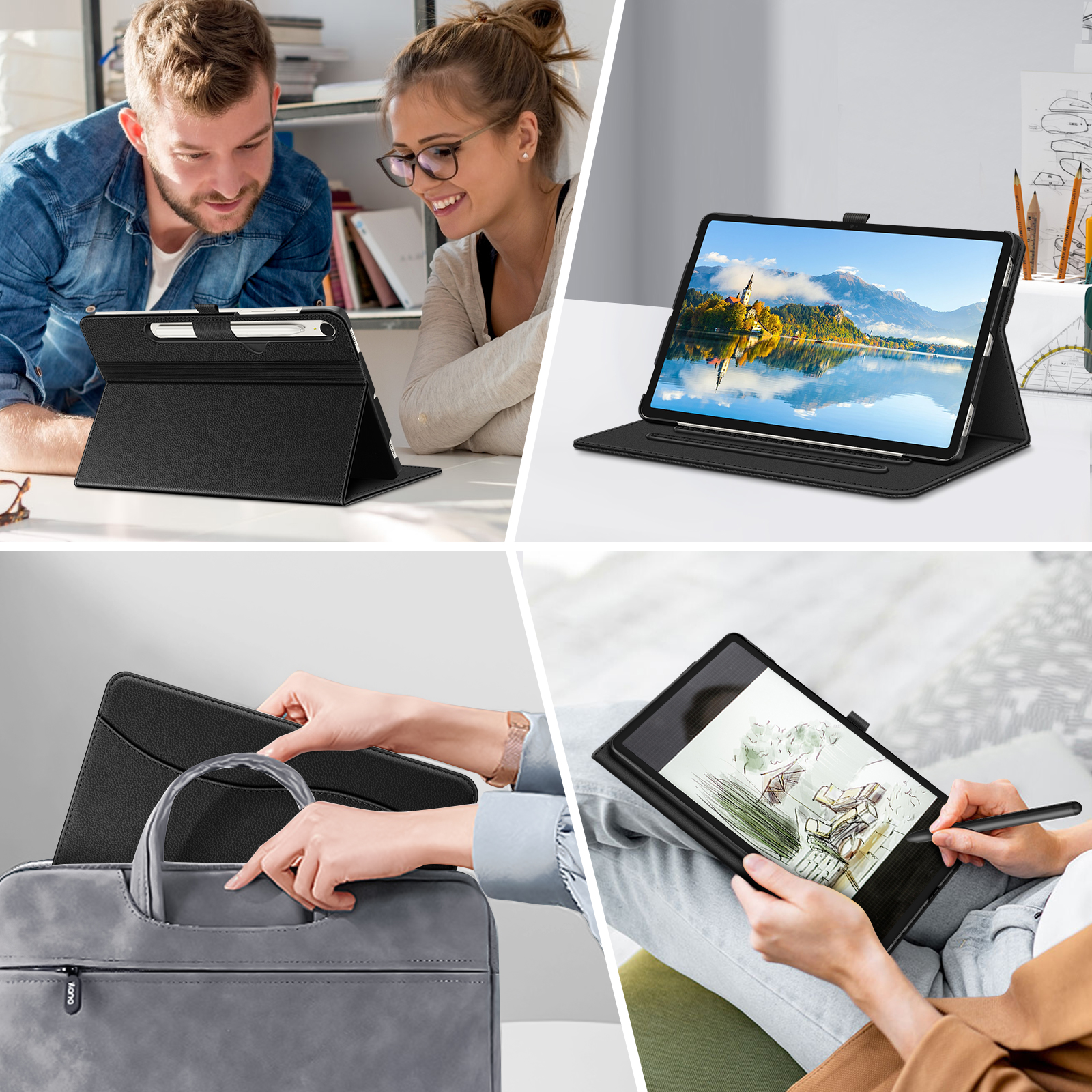 Ein Tablet mit Hülle wird in verschiedenen Szenarien angezeigt, darunter die Verwendung durch zwei Personen und mit einem Stift.