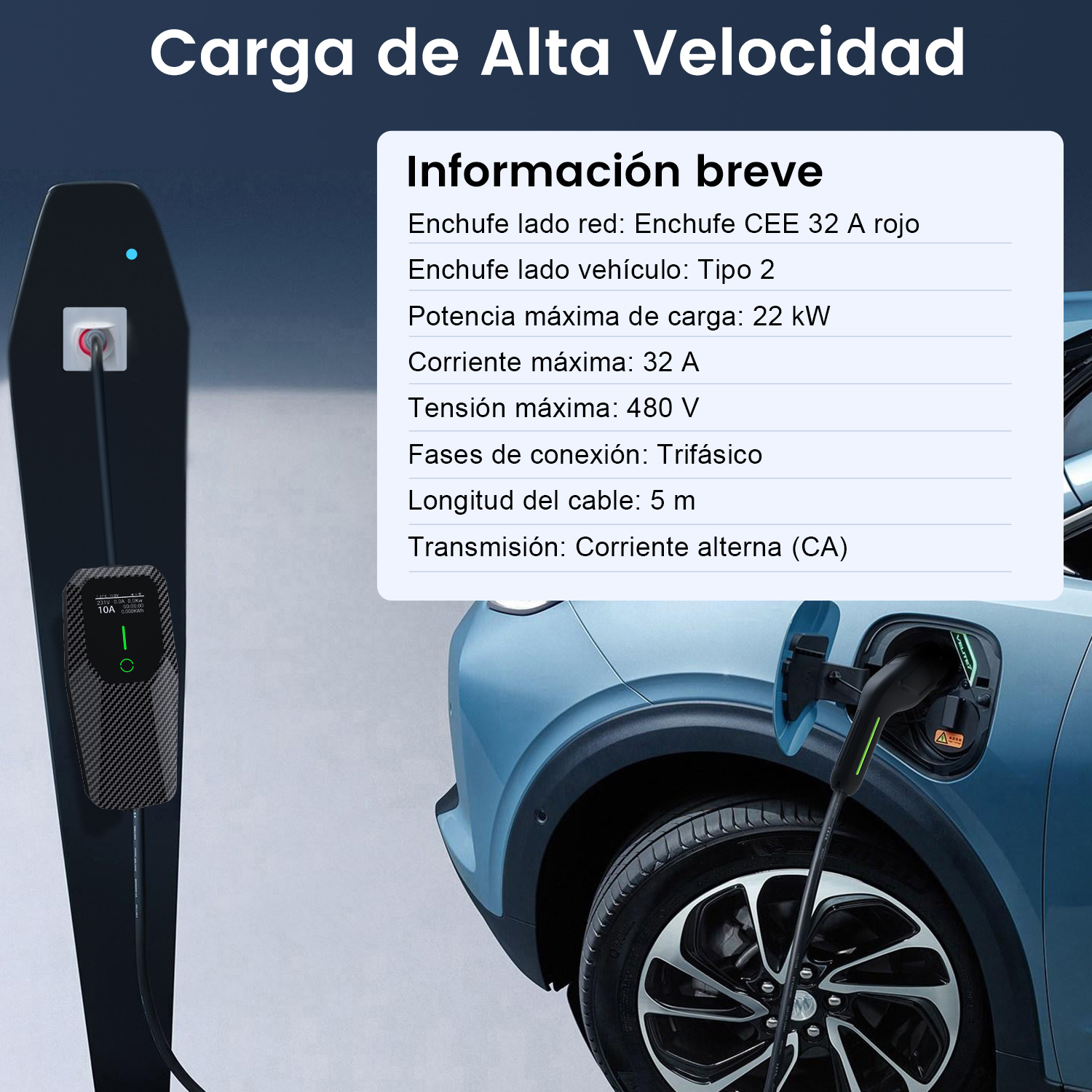 Un coche eléctrico cargándose. Una estación de carga con un enchufe conectado al coche. Información sobre la carga a la derecha.