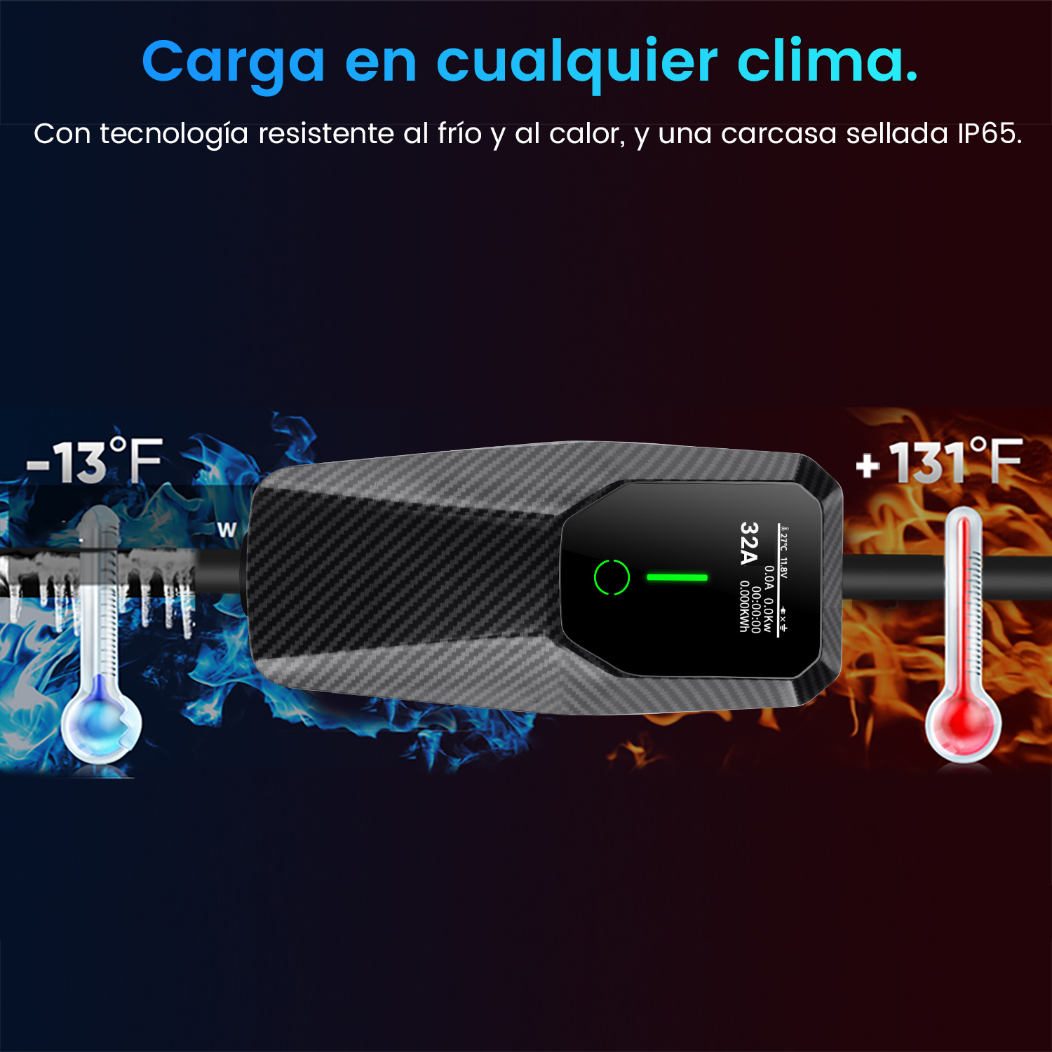 La imagen muestra una estación de carga con termómetros que indican temperaturas extremas: -13°F y +131°F. Texto: Carga en cualquier clima.