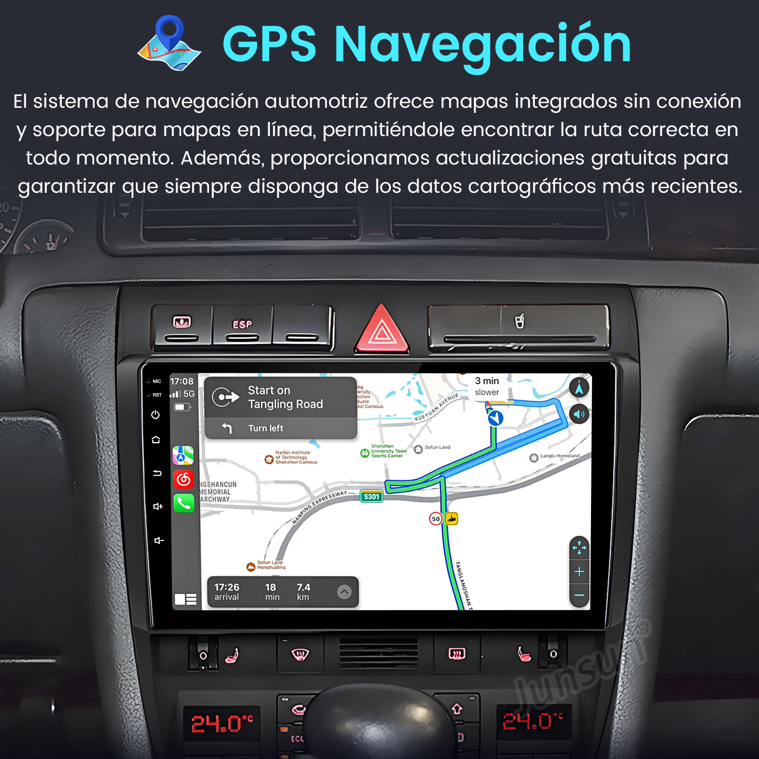 Panel del coche con pantalla de navegación GPS que muestra un mapa e información de ruta.