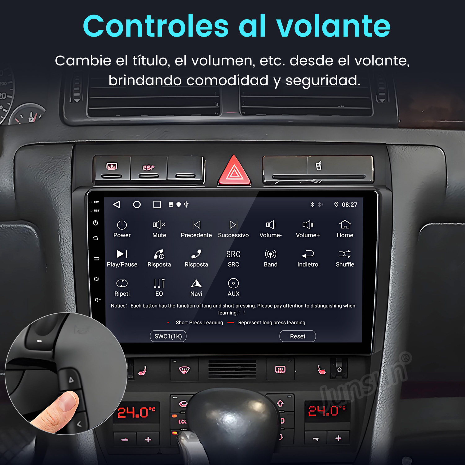Panel de coche con pantalla multimedia y botones. Una mano toca un botón. Texto en español: 'Controles en el volante'.