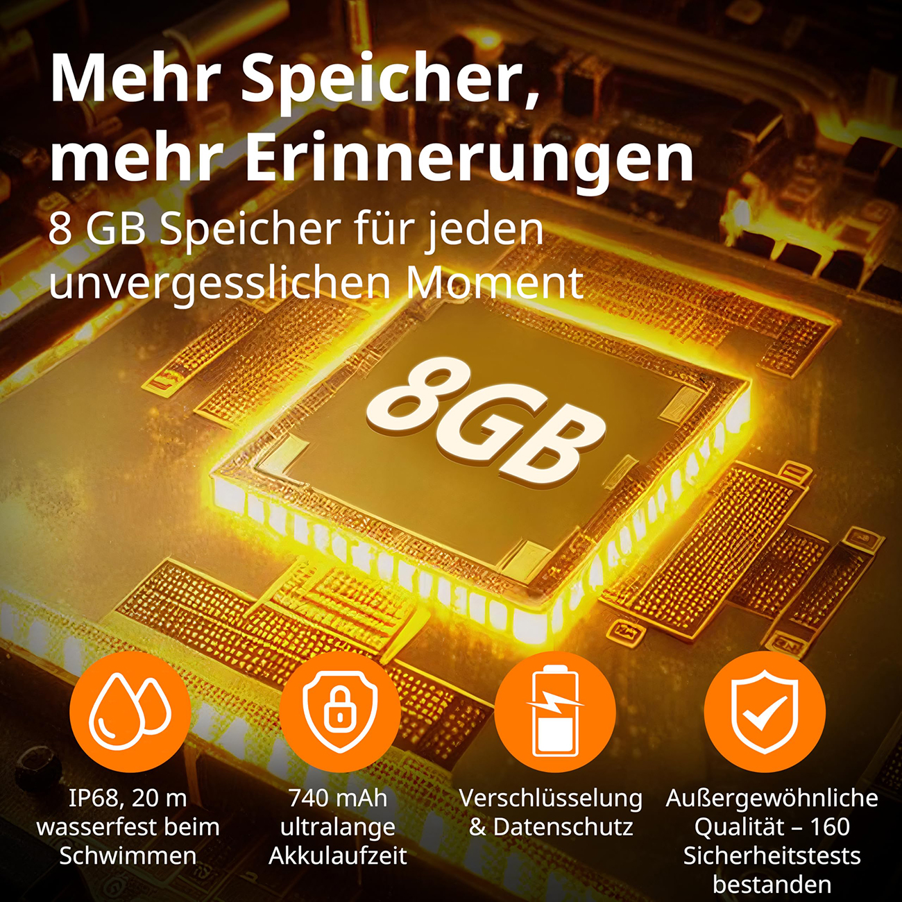 Das Bild zeigt eine Platine mit '8GB' und Symbolen, die Funktionen detaillieren: wasserdicht, Akkulaufzeit, Verschlüsselung und Qualitätstests.