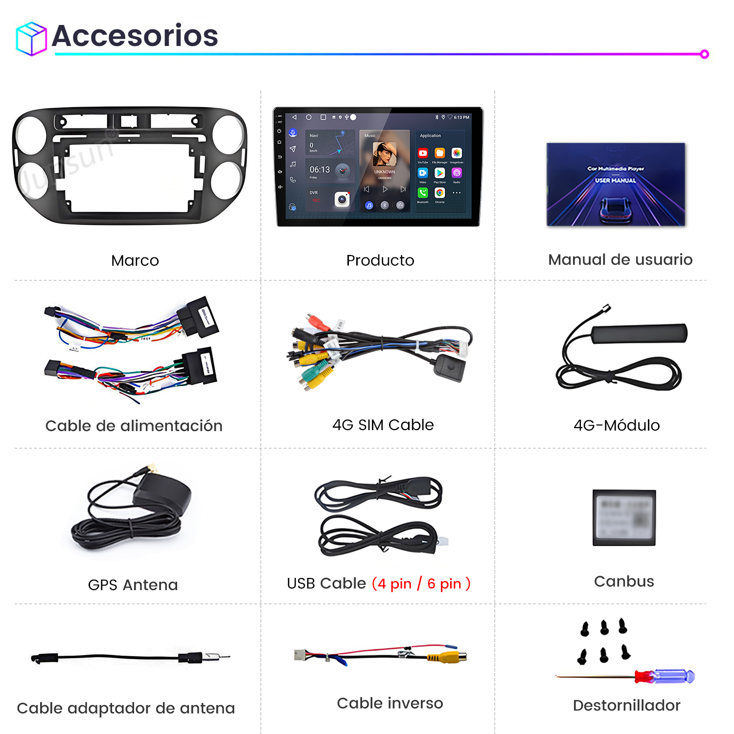 La imagen muestra accesorios para automóviles: un marco, una pantalla de producto, un manual, cables, una antena y un destornillador. Los artículos están etiquetados en español.