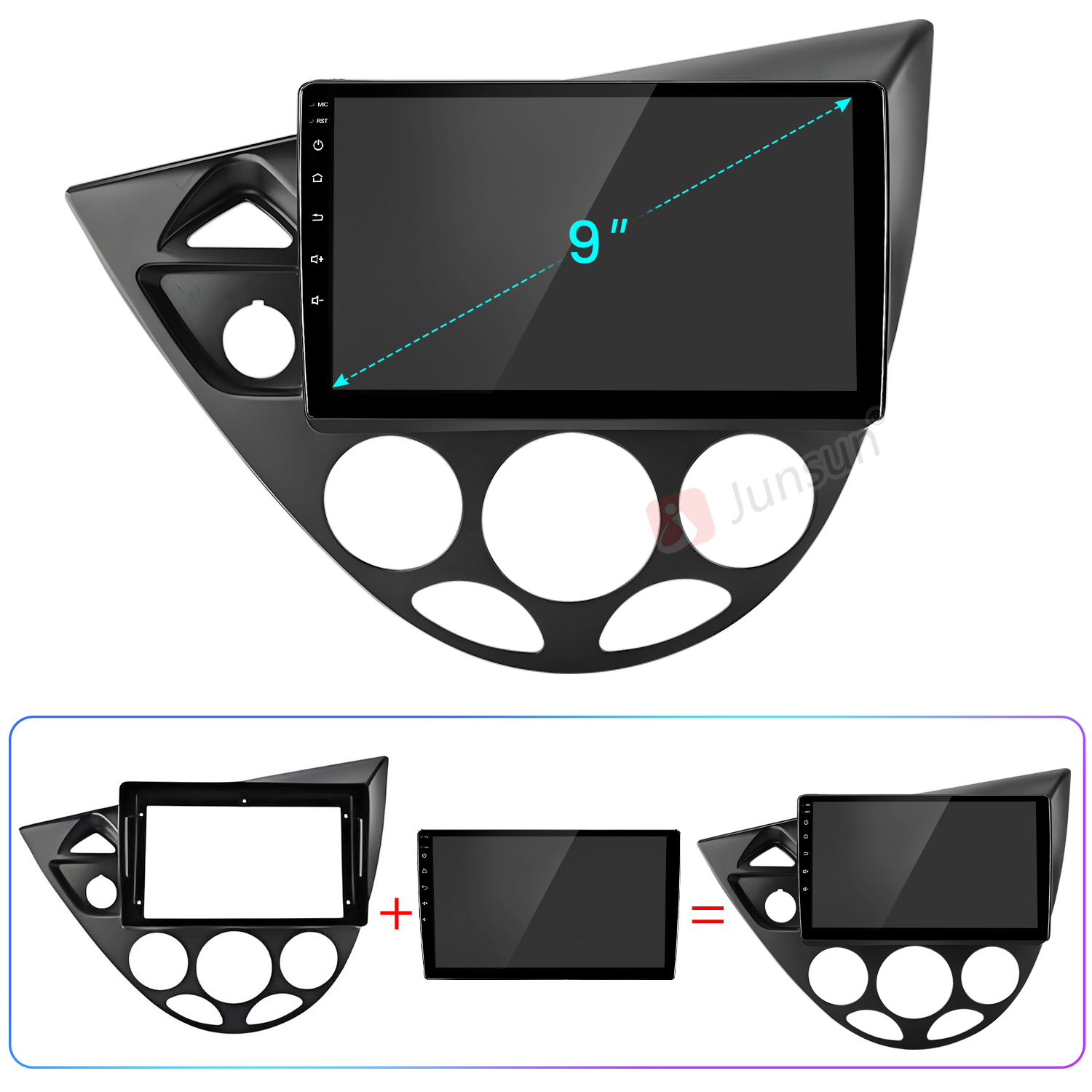Se muestra un estéreo de coche negro con una pantalla de 9 pulgadas. El estéreo se compone de varias partes, que se muestran en una ecuación de suma.