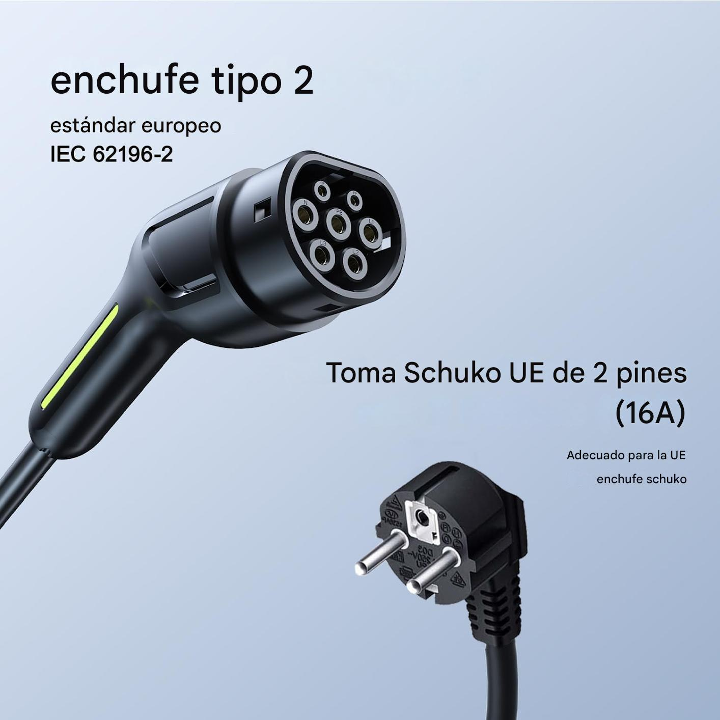 La imagen muestra un conector de carga de vehículo eléctrico y un enchufe Schuko. El texto incluye 'enchufe tipo 2' y especificaciones técnicas.