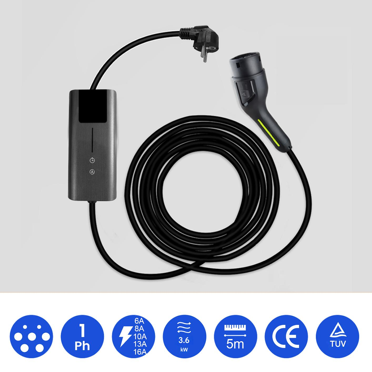 Un cargador para vehículos eléctricos con cable negro, enchufe y puerto de carga. Varios iconos y especificaciones en la parte inferior.