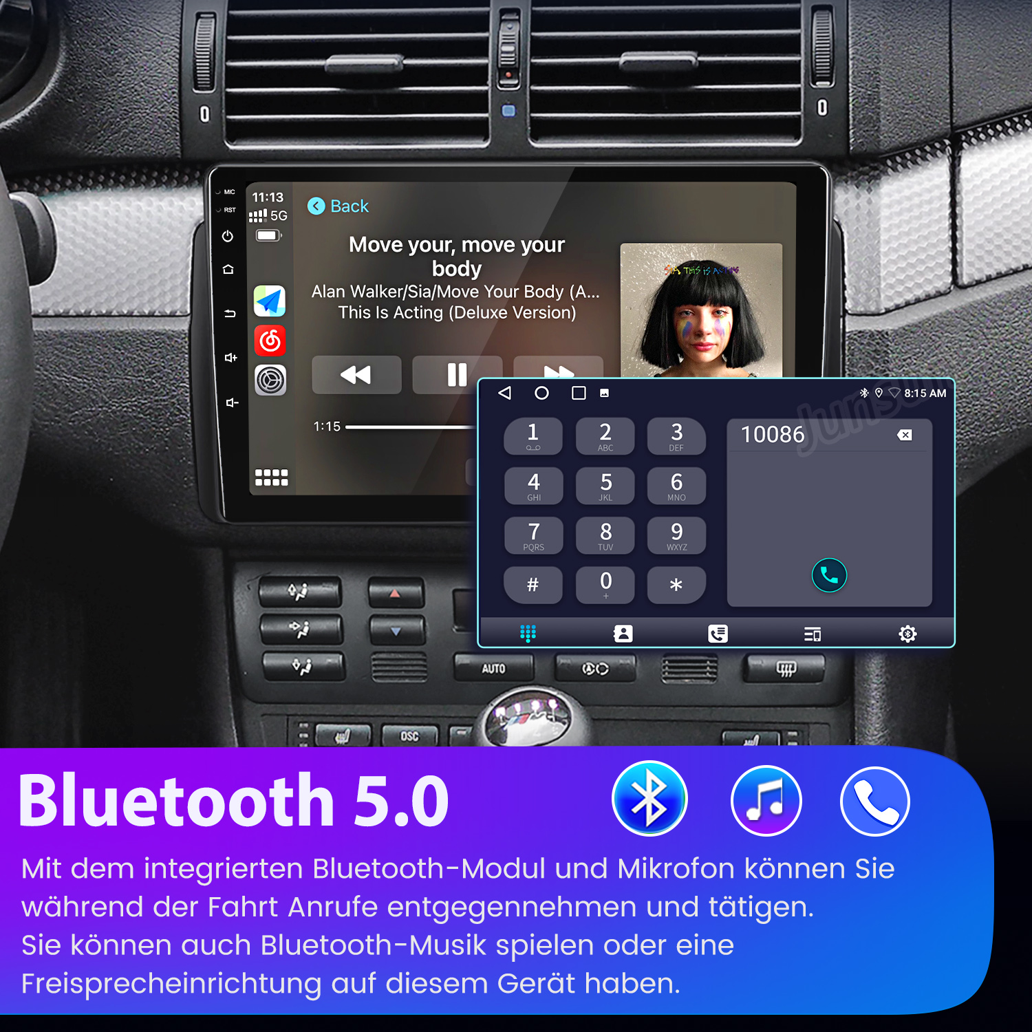 Autoradio mit Display, das Musik und eine Telefoneingabeoberfläche zeigt. Bluetooth 5.0 ist vorhanden.