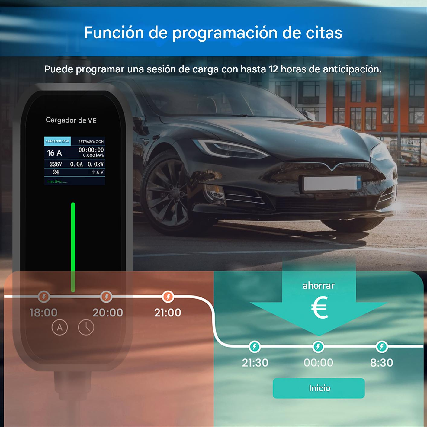 Una pantalla de carga de coche eléctrico con un coche negro en el fondo. Muestra tiempos de carga y ahorros.