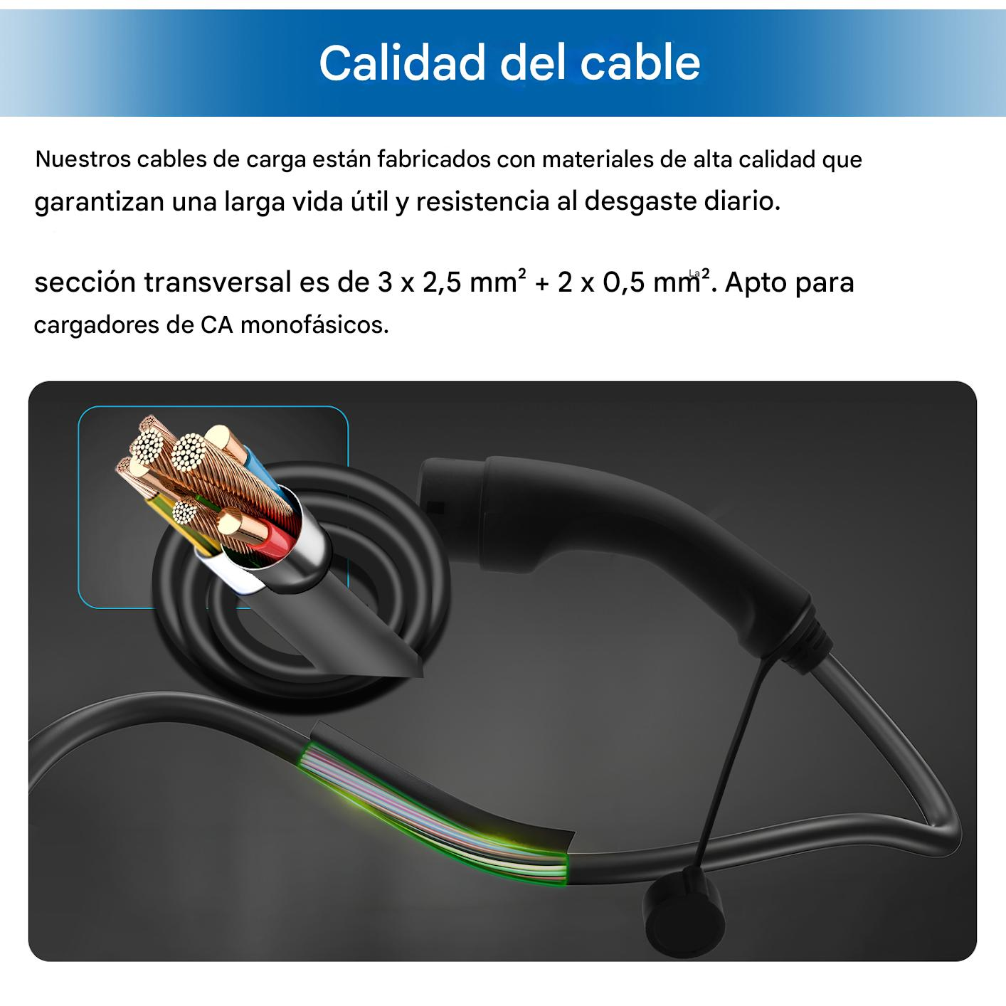 Imagen de cable negro con cables expuestos. El texto dice 'Calidad del cable' y describe la calidad y especificaciones del cable.