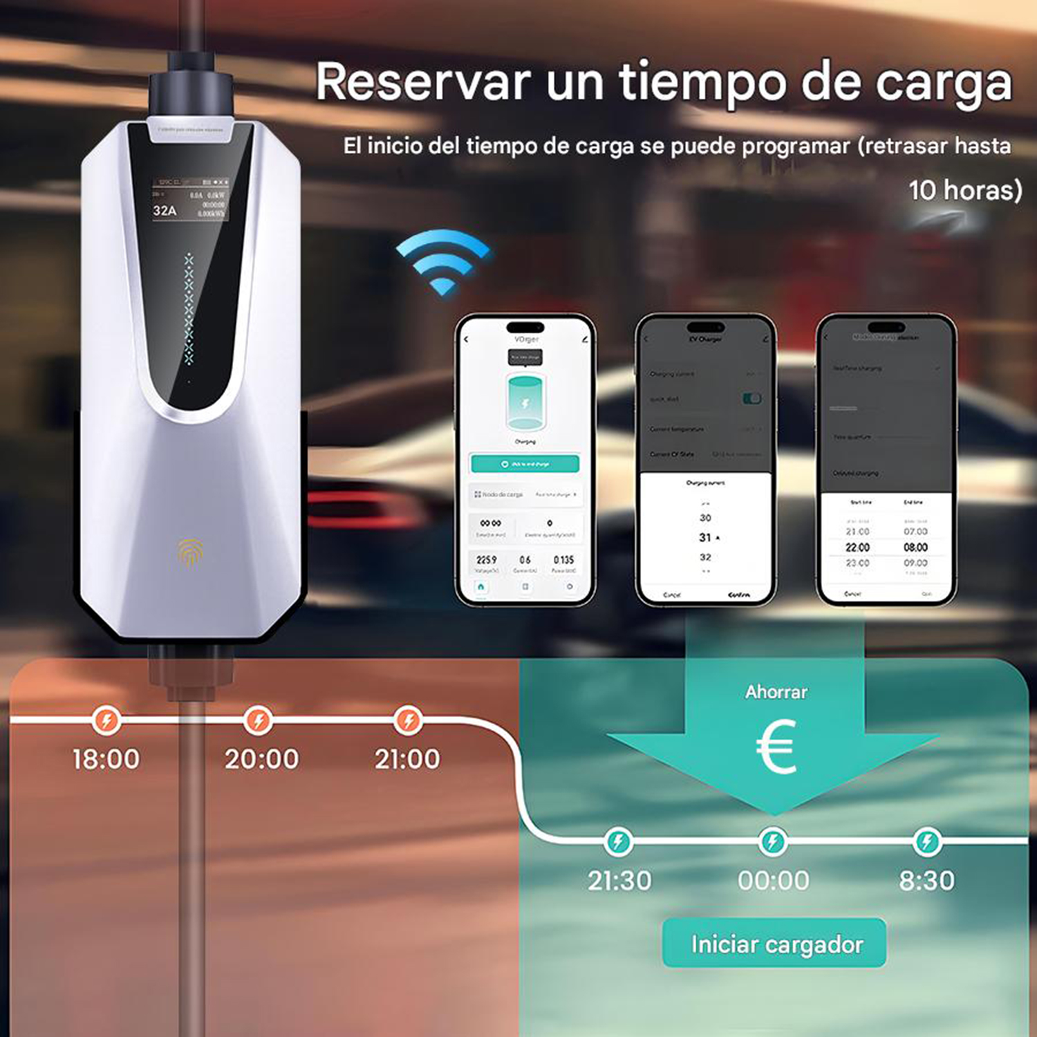Cargador de vehículos eléctricos con aplicaciones telefónicas que muestran horarios de carga y ahorros. Se muestran horarios y fechas para configurar los tiempos.